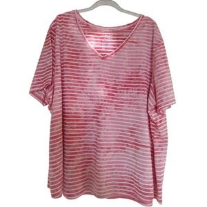 TERRA‎ & SKY Top Woman's 4X Pink Acid Wash Strip V Neck Short Sleeve Relaxed Fit